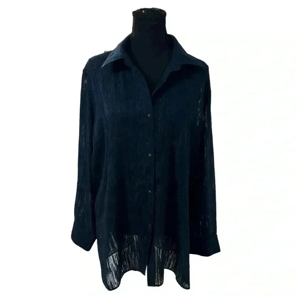 Misook Sheer Metallic Threaded Button Up Blouse Xl - image 8